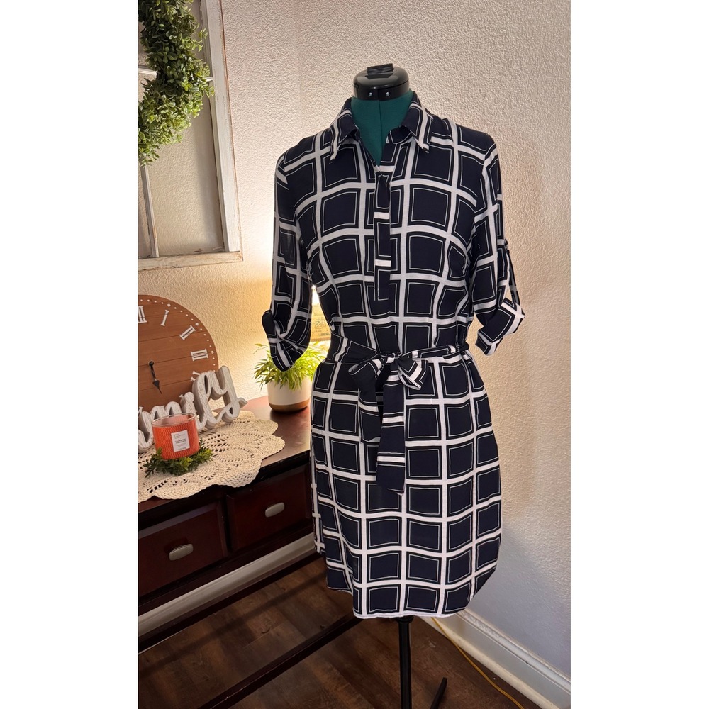 Laundry by Shelli Segal Dress Size 6 Navy White Geometric Belted Shirt Dress - Picture 1 of 10
